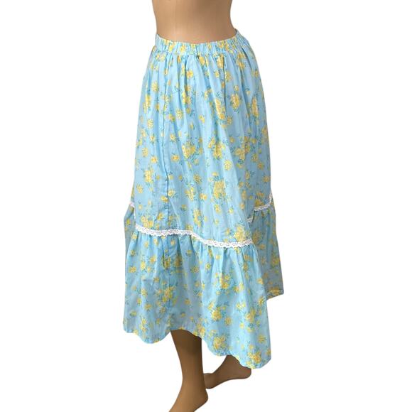 Pastel Blue Yellow Ditsy Floral Cottagecore Full Midi Skirt SZ S - Picture 5 of 7